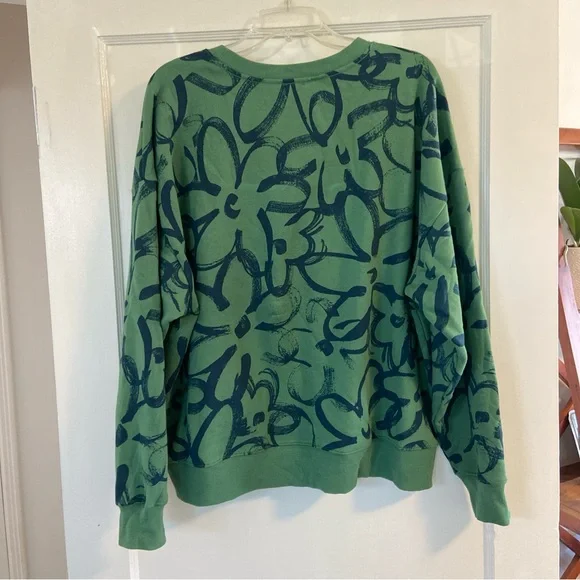 Maeve Sketchy Floral Sweatshirt Women’s 1X Green & Blue Allover Printed Crew - Picture 5 of 8